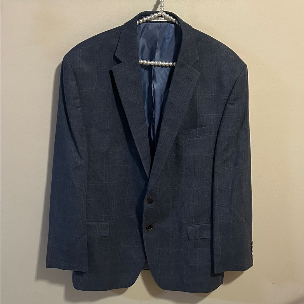 Lauren Ralph Lauren Men's Blue Windowpane Silk Wool Blend Blazer 46R